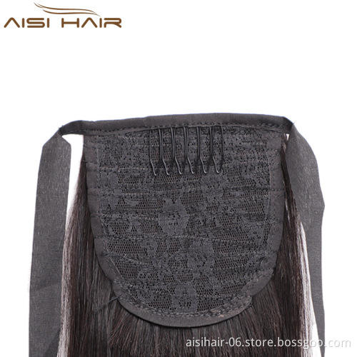 Aisi Hair Wholesale Human Hair Silky Straight Ribbon Ponytail Extensions Brazilian Human Hair Ponytail for Black Women